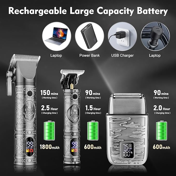 Professional Hair Clippers for Men,Hair Clippers+T-Blade Trimmer+Electric Shaver+Nose Hair Trimmer Set,4 in 1 Cordless Barber Hair Cutting Kit LCD Display Gifts (Gray)