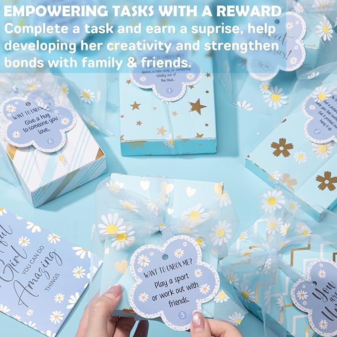 Valentines Day Gifts for Tween & Teen Girls - 8 PCS Birthday Gift Basket Teenage Girl Gifts Trendy Stuff w/ Fun Task Tags Makeup Brushes & Bag, Empower Positive Wrapped Gift Box for Daughter Niece