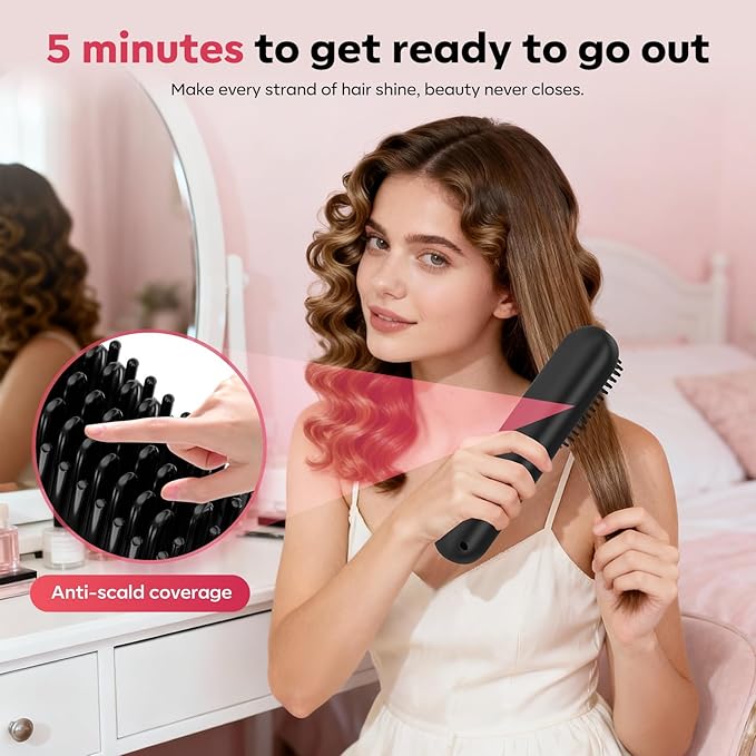 Go Brush Pro 2026 Hair Straightener Brush 300 Million Negative Ionic Portable Hair Straightener Comb for Women with 4 Temps Fast Heating MCH Ceramic Coating Smooth Frizz - Free Hair Shining Black