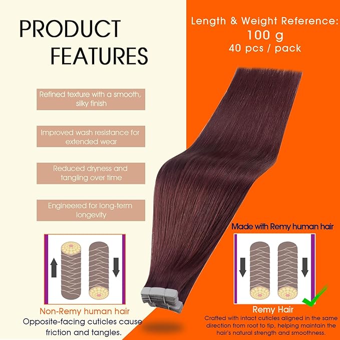 Full Shine Human Hair Extensions Tape in Color 99J Wine Red Seamless Tape in Hair Extensions Double Sided 18Inch Natural Straight Remy Skin Weft 100Gram 40Pcs Add Length for Party