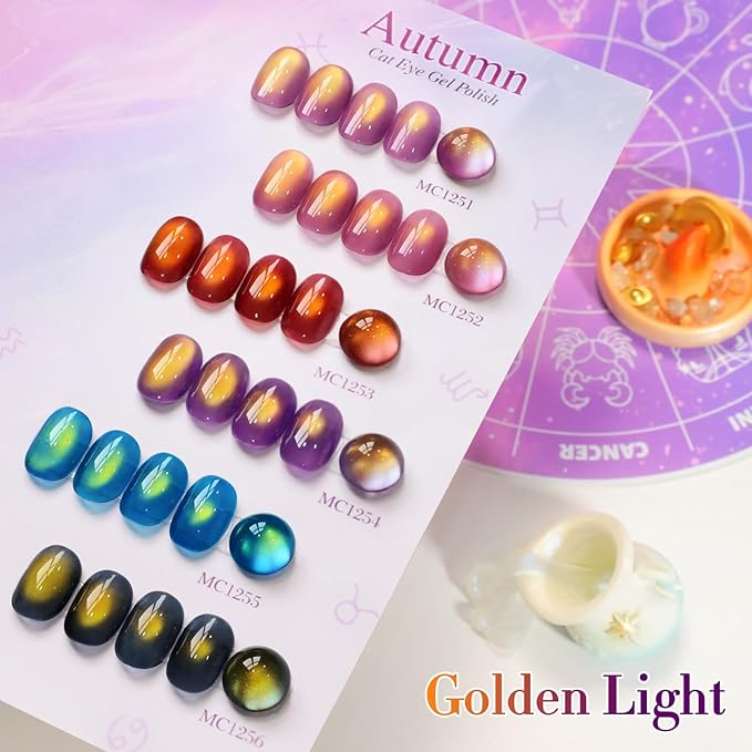 Double Rhythm Jelly Glass Cat Eye Gel Polish with Magnet 15ML Holographic Glitter Shimmer Translucent Sheer Color Magnetic Nail Polish Salon DIY at Home (Golden Purple-MC1254)