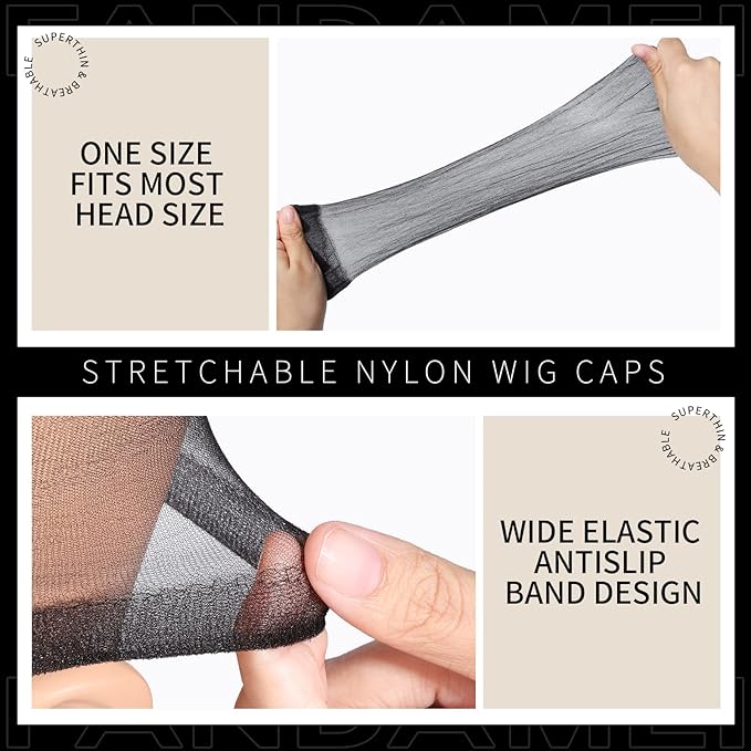 Fandamei HD Wig Caps Super Thin, 4PCS Ultra Thin Black, Nylon Wig Cap for Women Stretchy, Natural Transparent HD Wig Caps for Lace Front Wigs. Summer Wear Comfortable Wig Cap(Black)