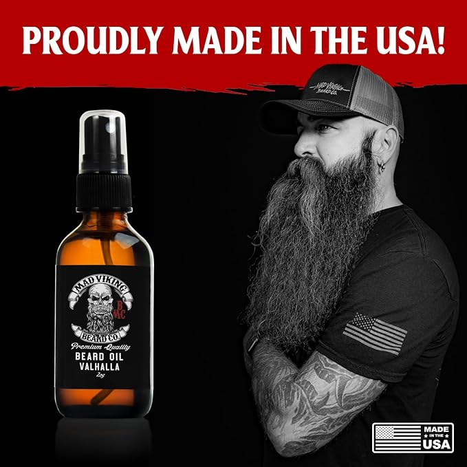 Mad Viking Valhalla Beard Oil - Hydrate, Soften And Grow Your Beard Naturally. Fight Itch And Dandruff With A Smooth Sandalwood & Vanilla Scent, Made In The USA - 2oz