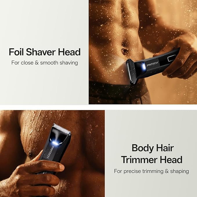 PRITECH Body Trimmer for Men,Body Hair Trimmer & Electric Razor for Pubic,Groin,Chest,Back,Balls,Waterproof Men's Groomer with 2 in 1 Ceramic & Foil Blades for Sensitive Areas,Cordless & Rechargeable