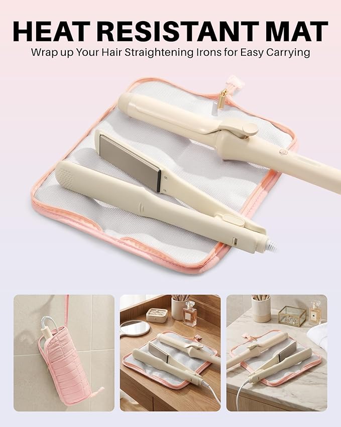 Hot Tools Travel Case with Heat Resistant Mat Pouch, Large Hair Tool Organizer Bag for Curling Iron Flat Iron Hair Dryer Hot Air Brush, Water Resistant Makeup Bag Gift for Women, Pink