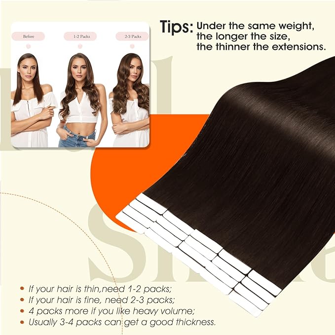 Full Shine Intact Tape in Extensions Human Hair Injected Human Hair Extensions Tape in Color 2 Dark Brown Remy Seamless Skin Weft Long Silky Straight Extension 18Inch 50Gram 20Pcs Brazilian