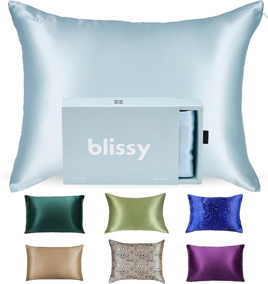 Blissy Silk Pillowcase - 100% Pure Mulberry Silk - 22 Momme 6A High-Grade Fibers - Silk Pillow Cover for Hair & Skin - Regular, Queen & King (Sky Blue, Standard)