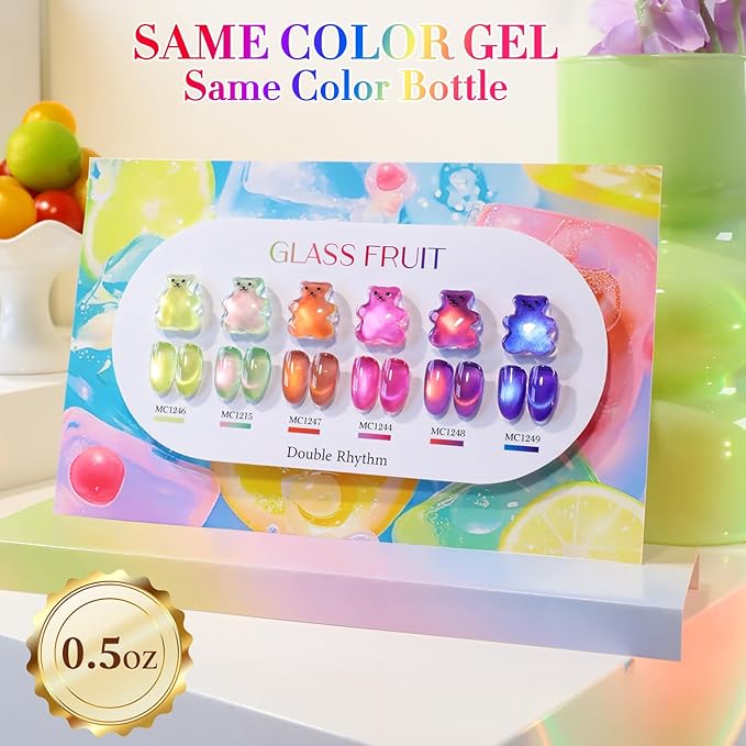 Double Rhythm Jelly Glass Cat Eye Gel Polish with Magnet 15ML Holographic Glitter Shimmer Translucent Sheer Color Magnetic Polish Salon DIY at Home (Grape Gold-MC1247)