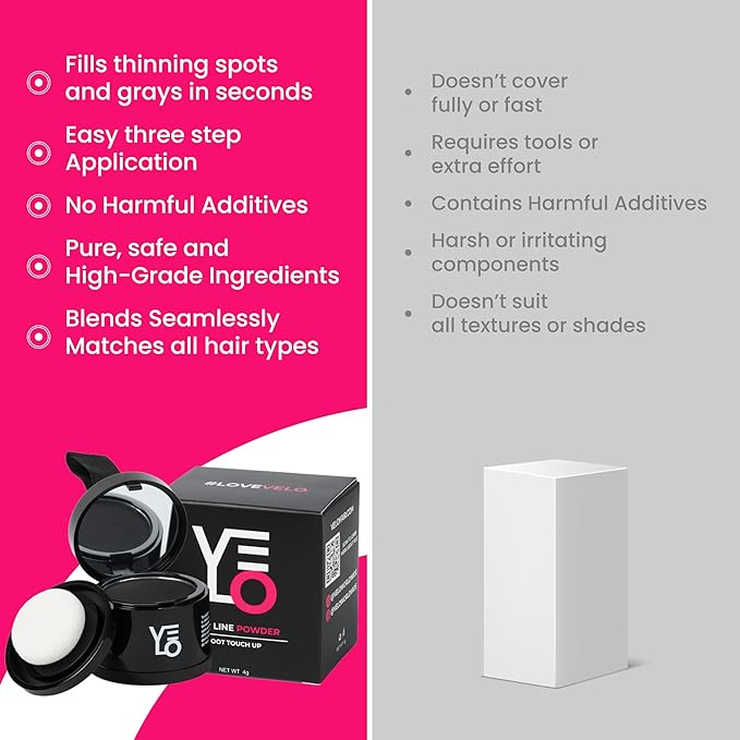 VELO Hairline Powder–DARK BROWN Hair Root Touch Up Powder for Women & Men–Instantly Covers Gray Hair, Thinning Hair & Bald Spots–Sweatproof Root Cover Up–Puff & Mirror Compact, 13 Shades