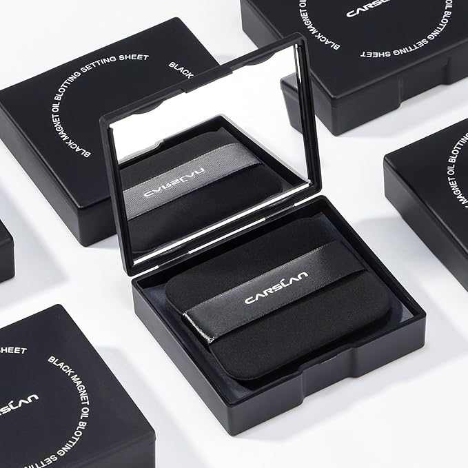CARSLAN Makeup Blotting Paper with Powder, Black Magnet Blotting Sheet for Oily & Combination Skin, Portable Compact with Puff & Mirror, Keeps Makeup Fresh All Day, 450 Sheets + 8 Refill Adhesive Pads