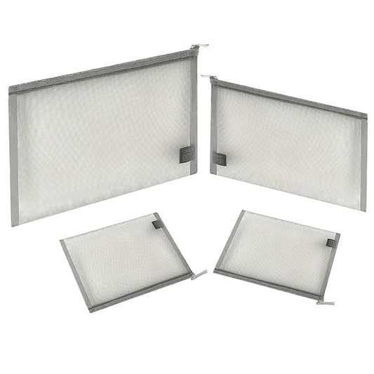 EASYFUN Mesh Pouch, Make up Bag with Zipper Cosmetic Organizer Pouch for Daily or Travel to Keep Small Items, 4 PCS Grey