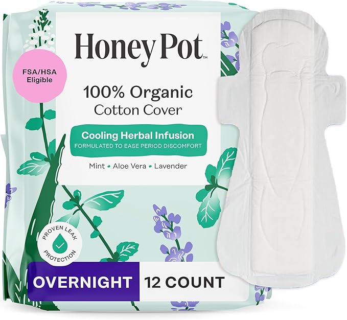 The Honey Pot Company - Herbal Pads for Women - Overnight w/Wings - Infused w/Essential Oils for Cooling Effect & Organic Cotton Cover - Feminine Care - 12 ct