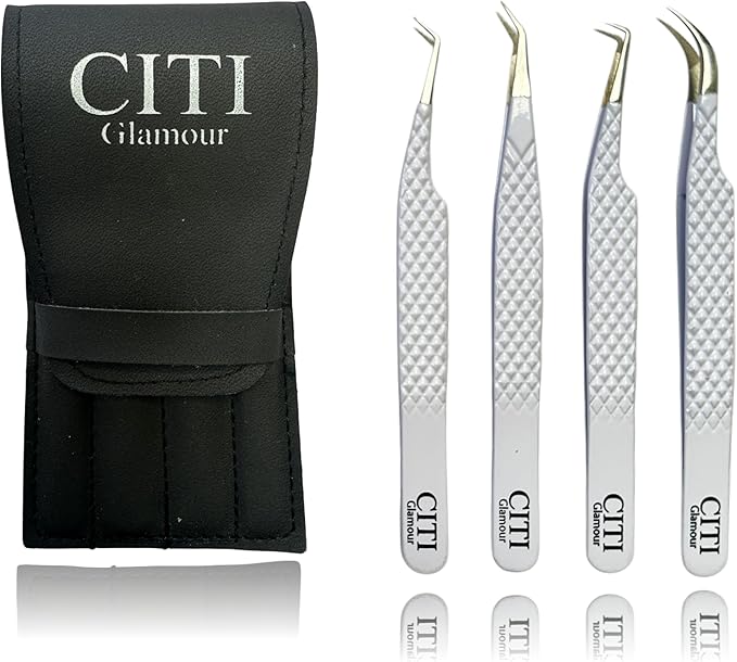 Lash Tweezers For Eyelash Extension set of 4 with Diamond Grip and Precise Fiber Tip For Volume,Mega Volume And Classic Lashes,Ideal for Lash Artist and at home use