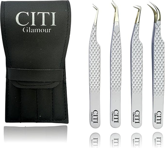Lash Tweezers For Eyelash Extension set of 4 with Diamond Grip and Precise Fiber Tip For Volume,Mega Volume And Classic Lashes,Ideal for Lash Artist and at home use