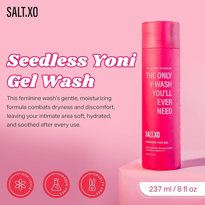 salt.xo Seedless Yoni Gel Wash, Feminine Wash with Refreshing Cucumber and Aloe Vera, All Natural Intimate Care Gel for Women, pH Balance V Wash Cruelty-Free, Feminine Hygiene Products (8 Fl Oz)