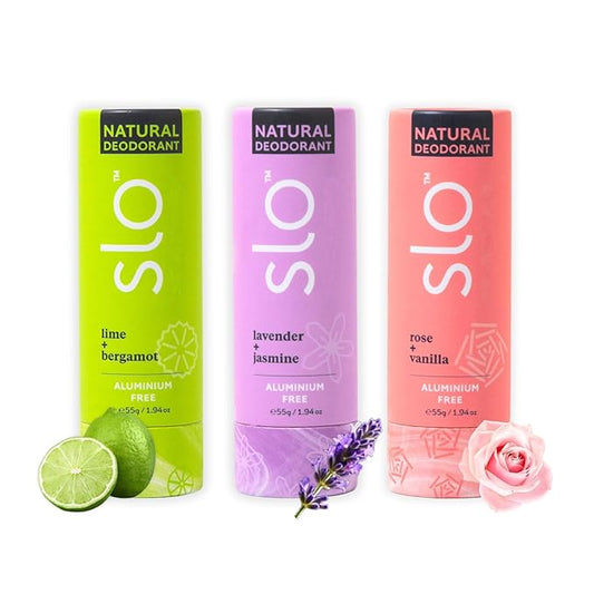 Slo | Sensitive Skin Natural Deodorant - All Natural Ingredients, Vegan & Cruelty Free, Paper Packaging | Rose + Vanilla & Lavender + Jasmine & Lime + Bergamot - 3 Pack (3 x 1.94 Oz)