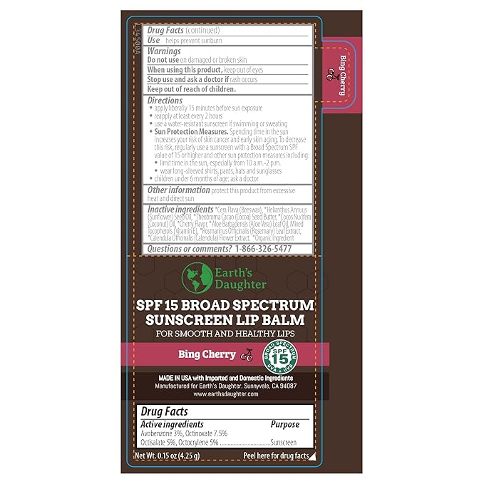 Earth's Daughter SPF Lip Balm Cherry Flavor 4-Pack - Lip Sunscreen, SPF 15, Organic Ingredients, Beeswax, Coconut Oil, Vitamin E - Hypoallergenic, Paraben Free, Gluten Free