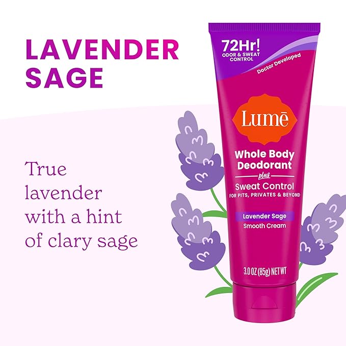 Lume Whole Body Deodorant Plus Sweat Control - Smooth Cream Tube - 72 Hour Odor And Sweat Control - Baking Soda Free, Skin Loving - 3.0 ounce (Pack of 2) (Lavender Sage)