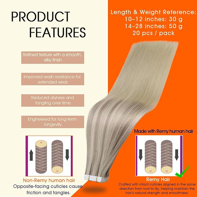 Full Shine Blonde Tape in Extensions Human Hair 18 Inch Remy Double Sided Tape in Hair Extensions 50Gram Balayage 20 Pcs Adhesive Straight Seamless Skin Weft 18/22/60 Invisible for Party