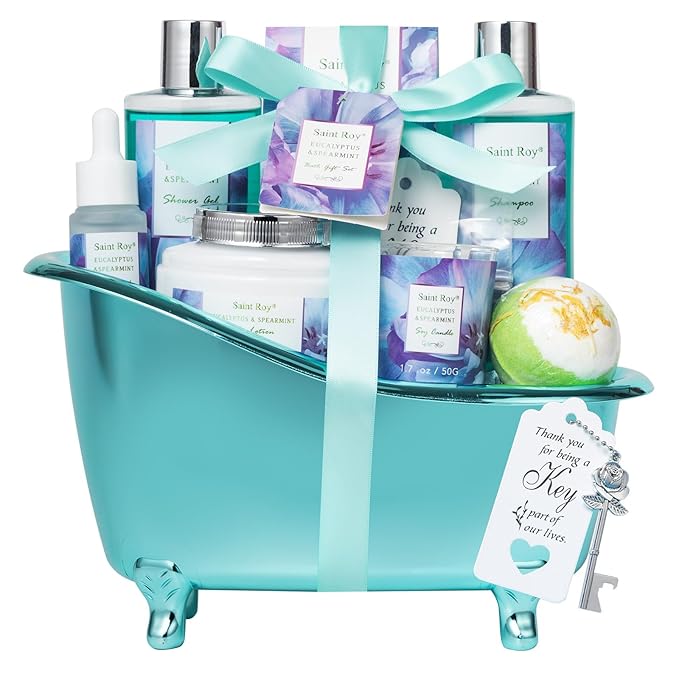 Bath and Body Basket Set Luxury EUCALYPTUS & Mint Spa Gift Basket for Women, Unique Bath Gift Baskets Gifts, Home Spa Kit Christmas Gifts for Women, birthday gift baskets for Dad Mother's Day