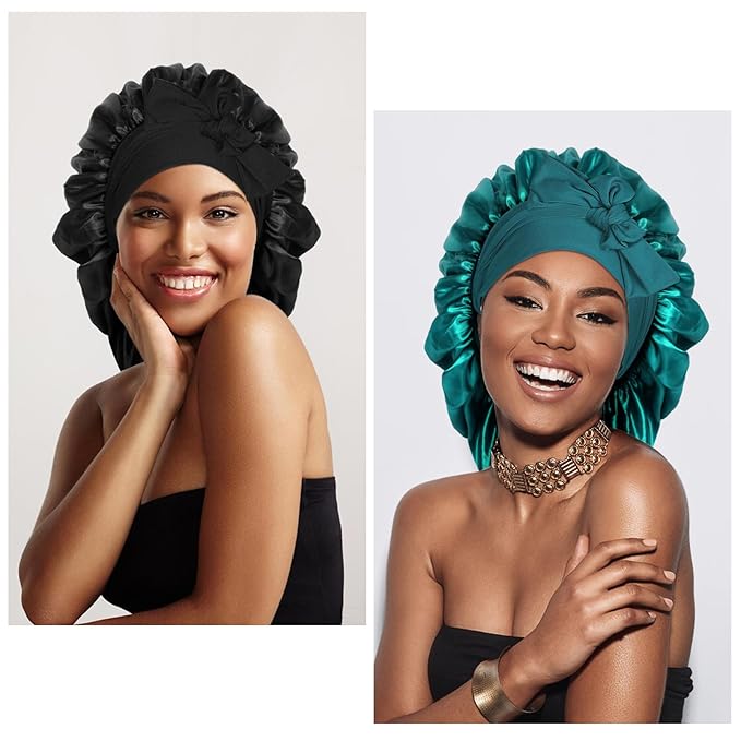 Arqumi 2 Pcs Satin Silk Bonnet for Sleeping Women, Large Long Strap Tie Band Adjustable Sleep Night Cap Hair Bonnet Wrap for Men, Black+Dark Green