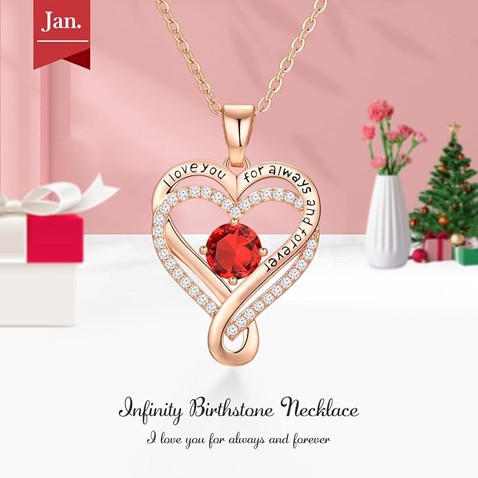 Infinity Love Heart Birthstone Necklace for Women Wife, S925 Sterling Silver Anniversary for Women Wife Birthday Gift for Her Girlfriend Mom Daughters, I Love You Women's Jewelry 18k Rose Gold Filled