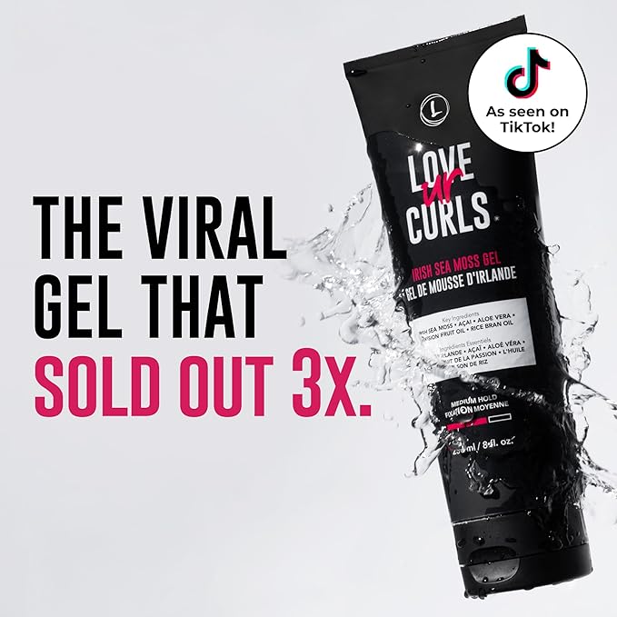 Love Ur Curls Irish Sea Moss Hair Gel, Medium Hold Hair Styling Curling Gel for Defined Curly Hair, Waves & Coils, Vegan, Cruelty Free, 236mL