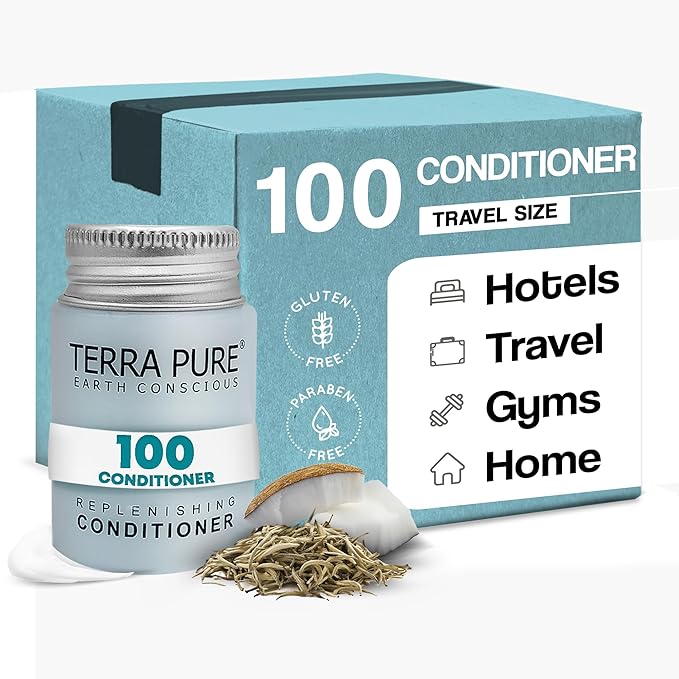 Travel Size Hotel Conditioner 100 Count 1oz Bottles Guest Amenities for Hotels Vacation Rentals & Short Term Rentals Paraben Free White Tea and Coconut Scent Infused with Aloe & Olive Oil | Terra Pure