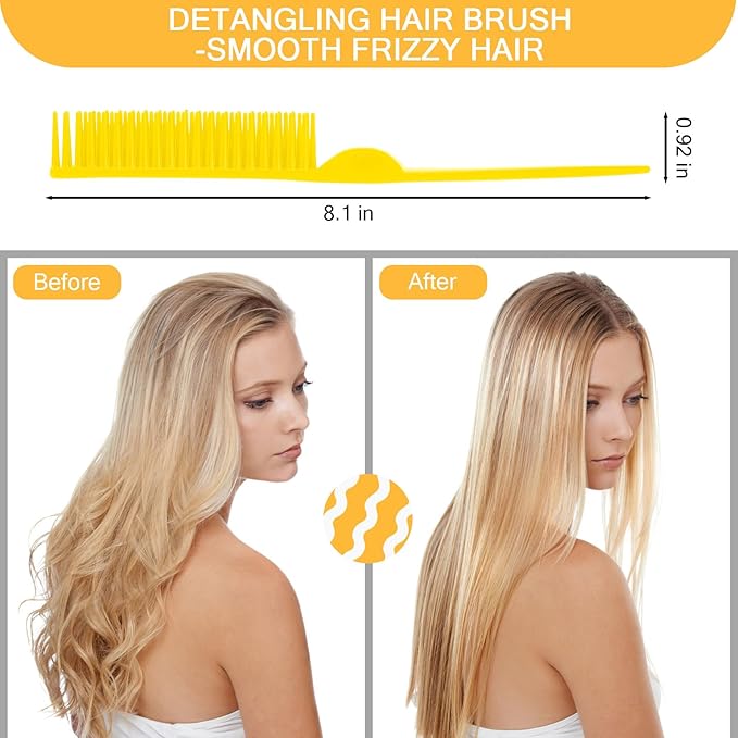 SIMPOR 3 Row Hair Comb for Natural Detangling Curly, Hair Styling Brush, Nylon Bristle Unbraider Teasing Rat Tail Comb for Women Men Yellow