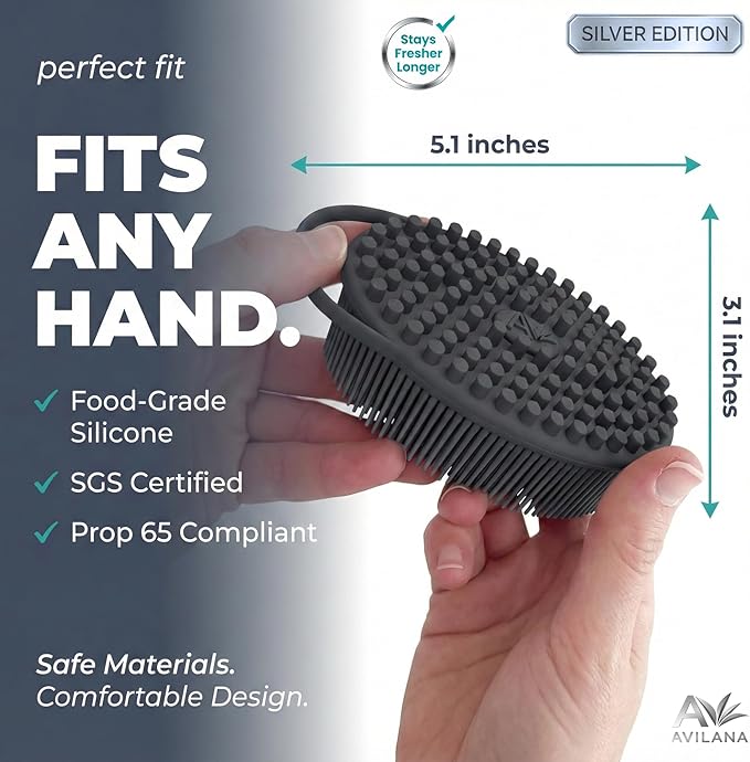 Avilana Silver Edition Body Scrubber - Silver-Ion Infused Silicone Shower Brush, ISO Tested Dual Sided, Stays Fresher Longer, SGS Certified Gentle Exfoliating Loofah Alternative Sensitive Skin Women