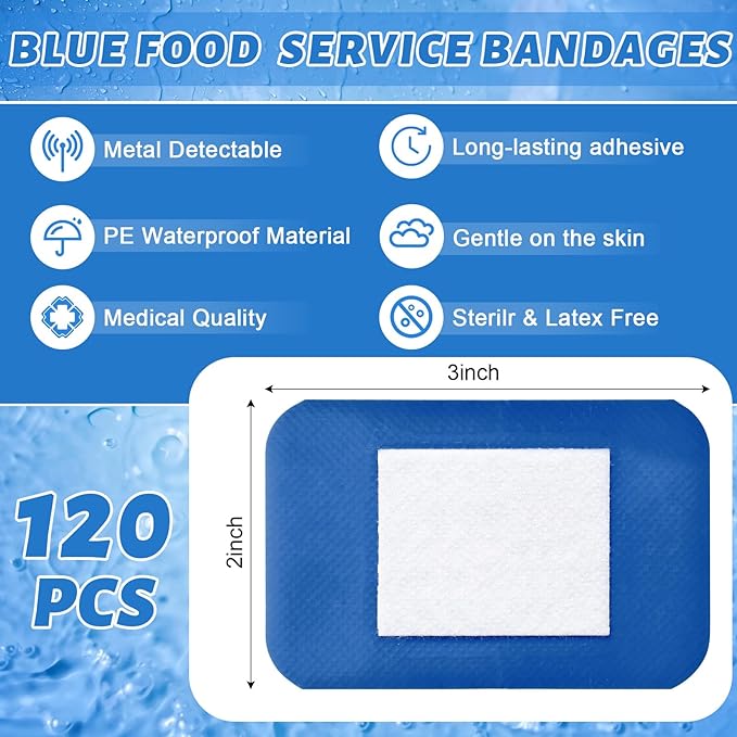 Geiserailie 120 Pcs Food Service Blue Detectable Bandage Woven Fingertip Waterproof Flexible Bandages Non-Stick Pad Latex Free Catering First Aid Kit Wound Care and Protection (2" X 3",Rectangle)