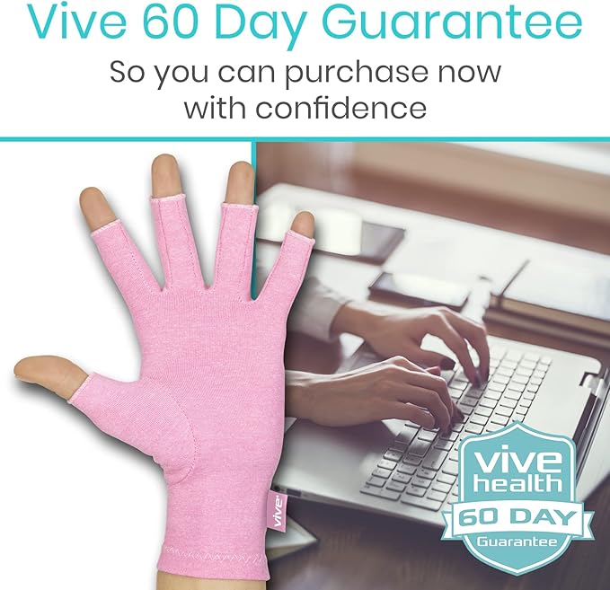 Vive Pink Arthritis Hand Compression Gloves - Comfortable Fit for Men and Women - Open Finger for Rheumatoid, Osteoarthritis and Computer Typing Pain - Carpal Tunnel Support - Moisture Wicking Fabric