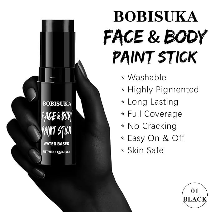 BOBISUKA Black Face & Body Paint Stick Water-Based Washable Face Paint Makeup Stick for Halloween Clown, Skeleton, Skull, Joker, Cosplay, SFX, Sports Eye Black & Costume Party