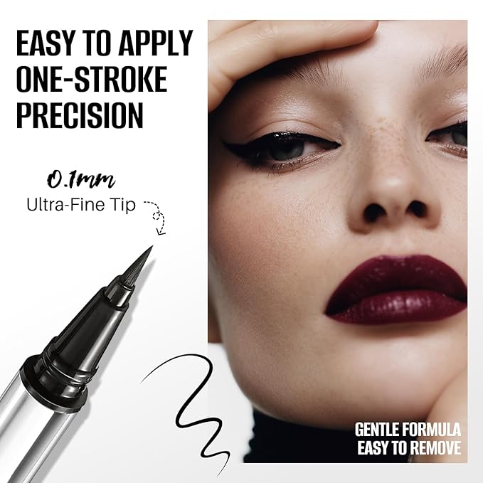 CHARMACY Liquid Eyeliner Waterproof, Intense Black Long Lasting Eyeliner Pen with Ultra Fine Tip, Smudge Proof, Smear Proof, Easy Apply for Winged Liner & Precise Lines, Beginner Friendly, 0.6ml