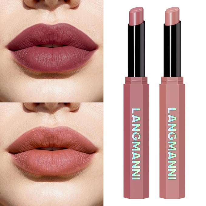 Jolilab 2Pcs Velvet Matte Lipstick Nude Matte Soft Dark Color Stick High Pigmented Long-Lasting Waterproof Lip Stick Lip Balm Beauty Cosmetics Gift for Women(#05+06)