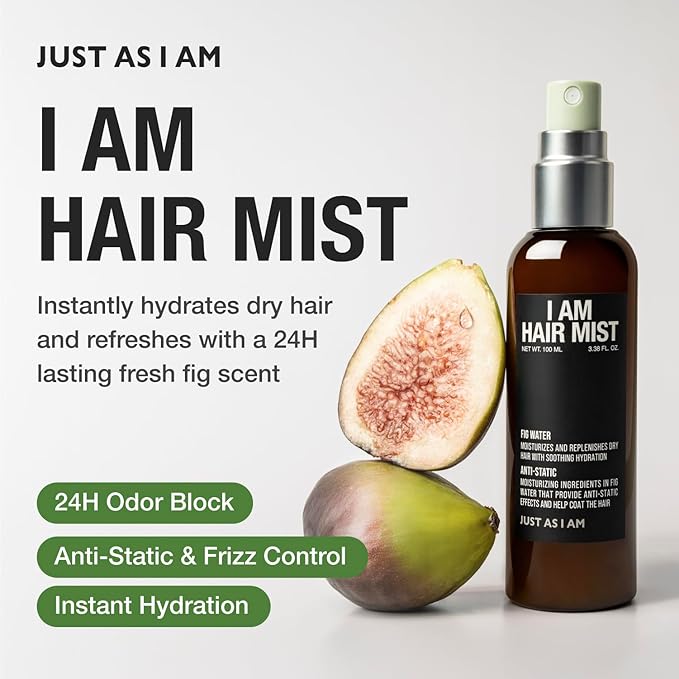 JUST AS I AM Hair Mist (3.38 fl oz) – Fig Water & Panthenol Hydration Mist for Smooth Hair, Flyaway Control, and Daily Refresh