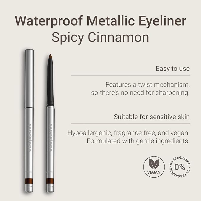 Sandstone Scandinavia Hypoallergenic Waterproof Eyeliner - Fragrance Free Metallic Brown Eye liner - Vegan and Cruelty Free Eye Pencil - Eyeliner Pencil for Sensitive Eyes (Spicy Cinnamon)
