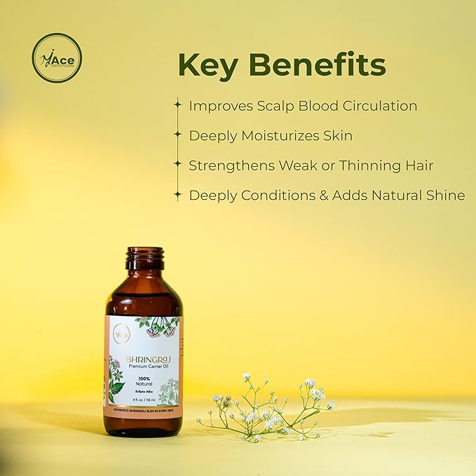 My Ace Bhringraj Carrier Oil | 100% Pure Cold Pressed Premium Oil for Hair Growth, Scalp & Skin Care, Face Moisturizer, Body Massage & Aromatherapy – 4 fl oz