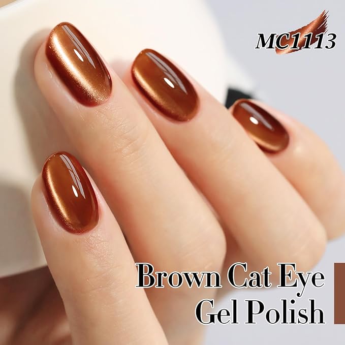 Double Rhythm Cat Eye Gel Polish with Magnet 15ML Holographic Glitter Shimmer Translucent Sheer Color Glass Brown Magnetic Gel Polish Salon DIY at Home (Fall Brown-MC1113)