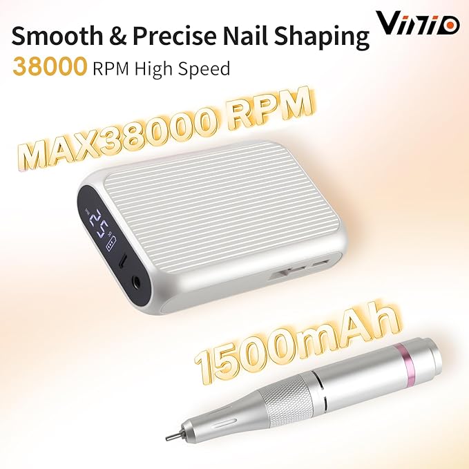 Vinid Professional Electric Nail Drill - 38,000RPM Rechargeable Manicure Kit for Filing, Cuticle Care, Buffing & Polish Removal with Adjustable Speed, Quiet Motor & Portable Design, White