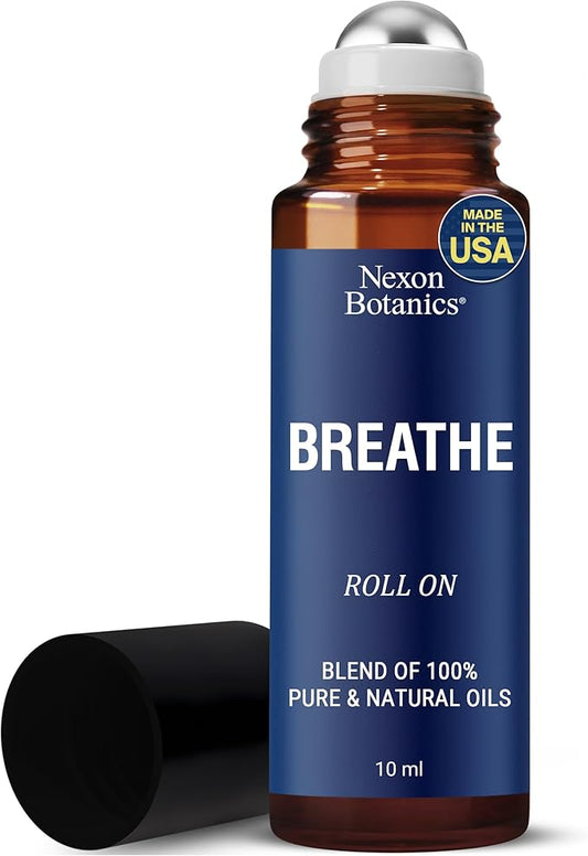 Breathe Essential Oil Roll-On 10 ml - Pure Eucalyptus, Peppermint & Rosemary Oils Blend Roller for Clear Breathing & Respiratory Support - Nexon Botanics