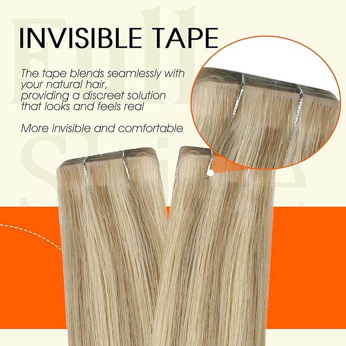 Full Shine Tape in Extensions Human Hair Color 16P22 Injected Human Hair Extensions Tape in 18Inch Long Straight Extension Seamless Skin Weft 50G 20Pcs for Women Travel Friendly Styling Lightweight
