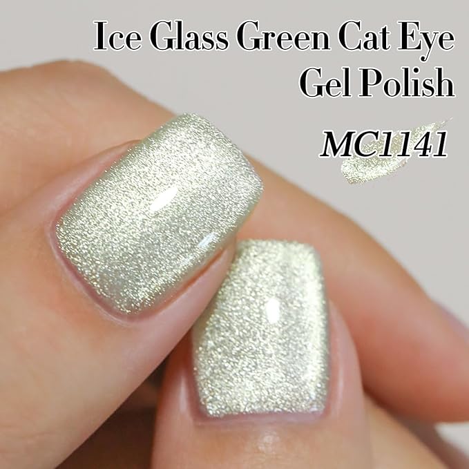 Double Rhythm 15ML Cat Eye Gel Polish with Magnet Holographic Glitter Shimmer Translucent Sheer Color Salon Ice Glass Magnetic Gel at Home (Green-MC1141)