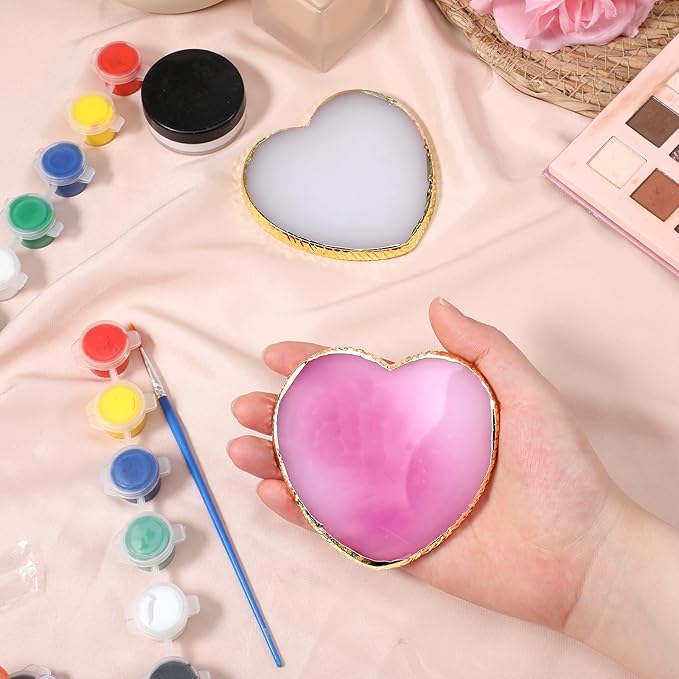 Resin Nail Art Palette, 2 Pcs Heart Shaped Nail Polish Palette Makeup Mixing Palette with Gold Edge for DIY Nail Art Design, Display (Purple, White)