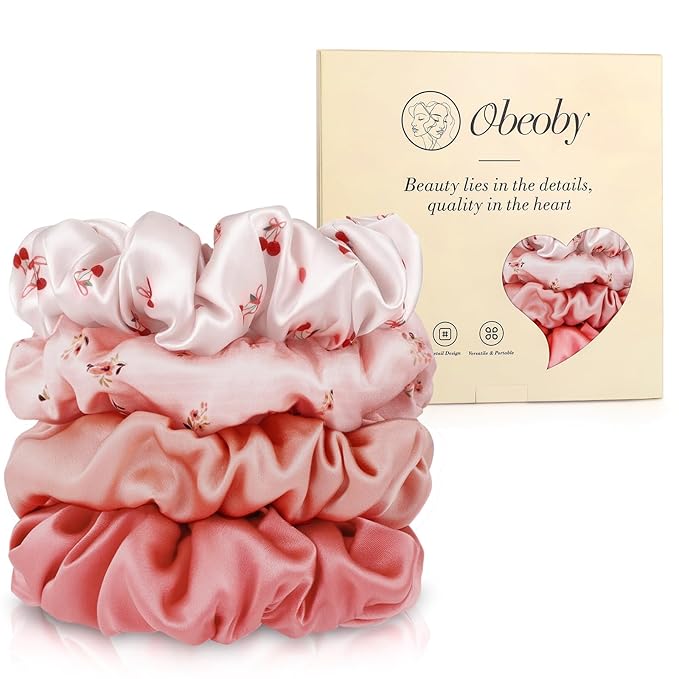 Cherry Pink Mulberry Silk Hair Scrunchies, 4Pcs Silk Hair Ties for Hair Sleep Frizz Breakage Valentine's Galentines Day Gifts