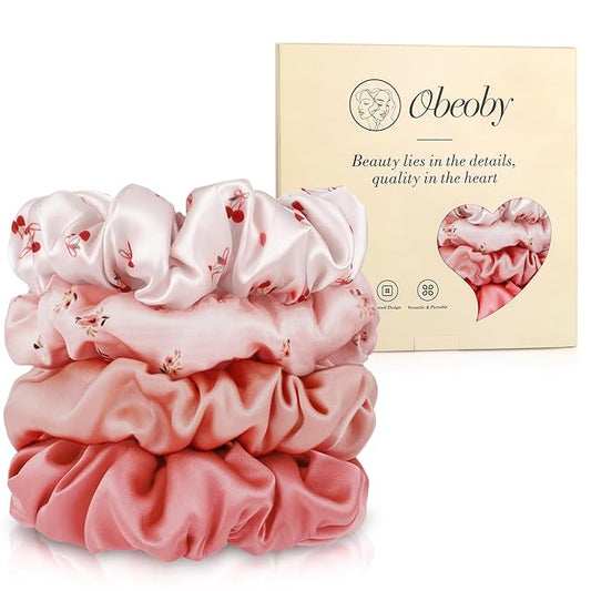 Cherry Pink Mulberry Silk Hair Scrunchies, 4Pcs Silk Hair Ties for Hair Sleep Frizz Breakage Valentine's Galentines Day Gifts