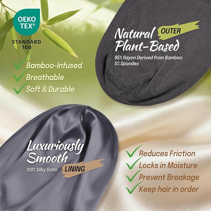 Large Satin Bonnet for Men Sleeping: Loc Cap Dreadlocks for Curly Braids Wave, Silky for Frizzy Hair Smooth, Adjustable No Slip Grey