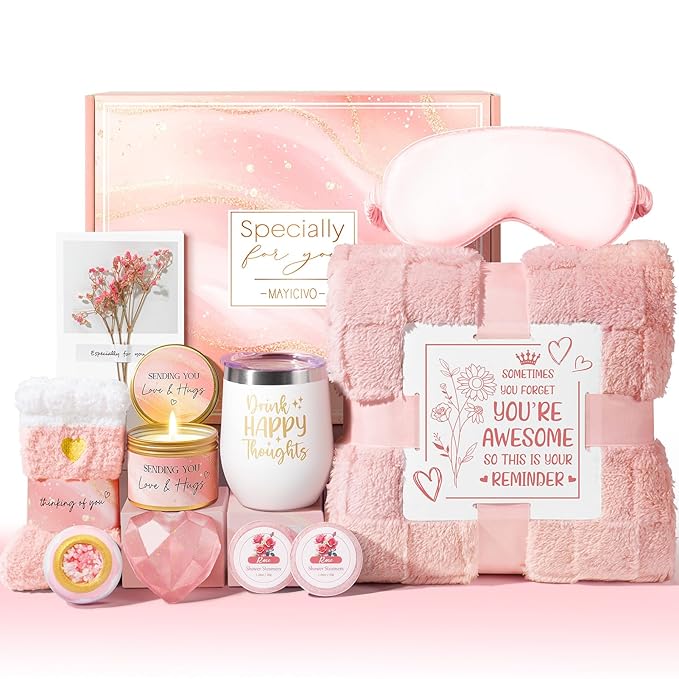 Birthday Gifts for Women, Self Care Get Well Soon Gift Baskets for Women, Rose Relaxing Spa Gifts Care Package with Blanket, Unique Valentines Day Gift Ideas for Her Wife Girlfriend Mom Friend Sister