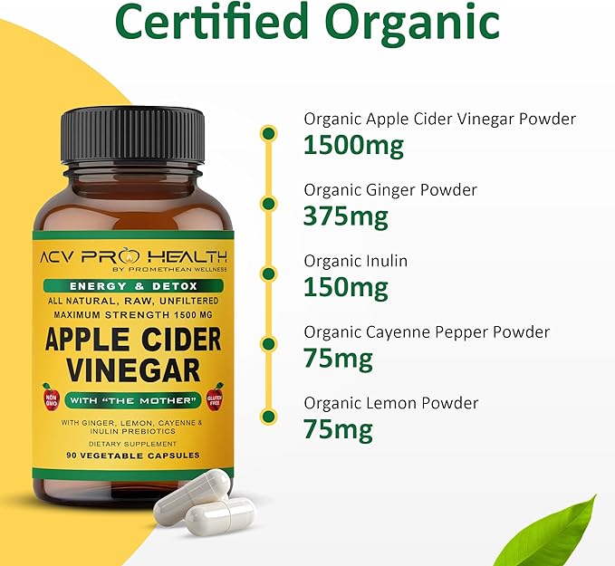 Promethean Wellness ACV Pro Apple Cider Vinegar Capsules Certified Organic with Mother ACV Pills Detox Cleanse Acid Reflux Relief Support Supplement Ginger Root Cayenne Pepper Powder