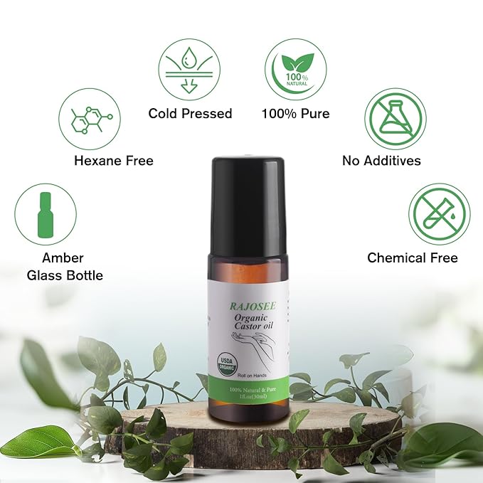 Castor Oil Roll on in Glass Bottle, Certified Organic Castor Oil Roller for Body Hair Skin Lip Eyebrow Pure Organic Cold Pressed Essential Oil - 1fl.oz